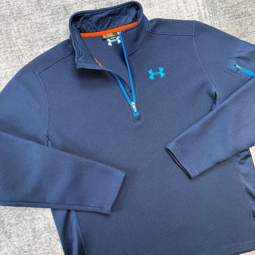 Under Armour Sweater Mens XL Navy Blue Waffle Knit Fleece 1/4 Zip Loose Fit Golf